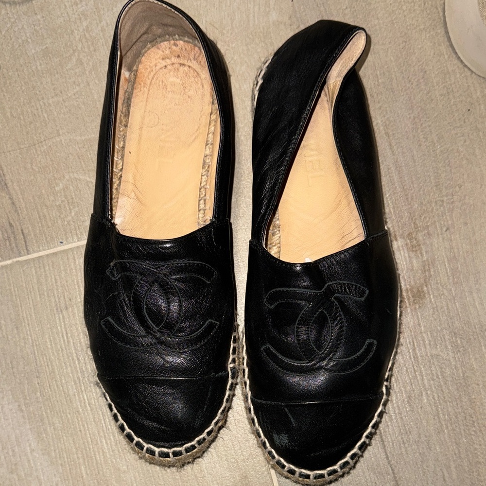 CHANEL Black Leather Espadrilles